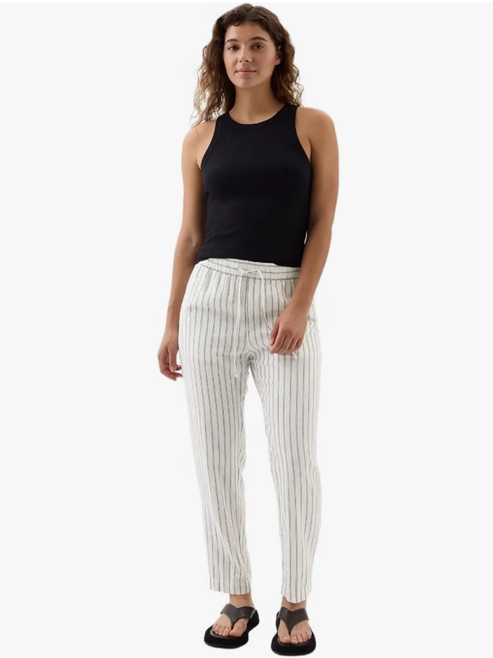 Gap Linen Pull On Elastic Waist Straight Leg Easy Pant Medium White Black Stripe